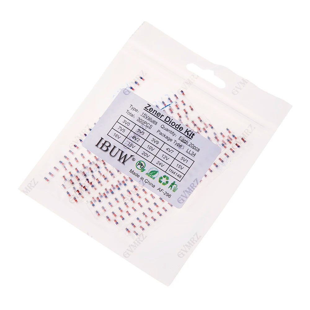 300PCS 16Values Zener Diode Kit 3V0-24V 1N4148 LL34 for Voltage Regulation Projects 5V1  3V9 3V3 3V0 15V 12V 10V 8V2 7V5