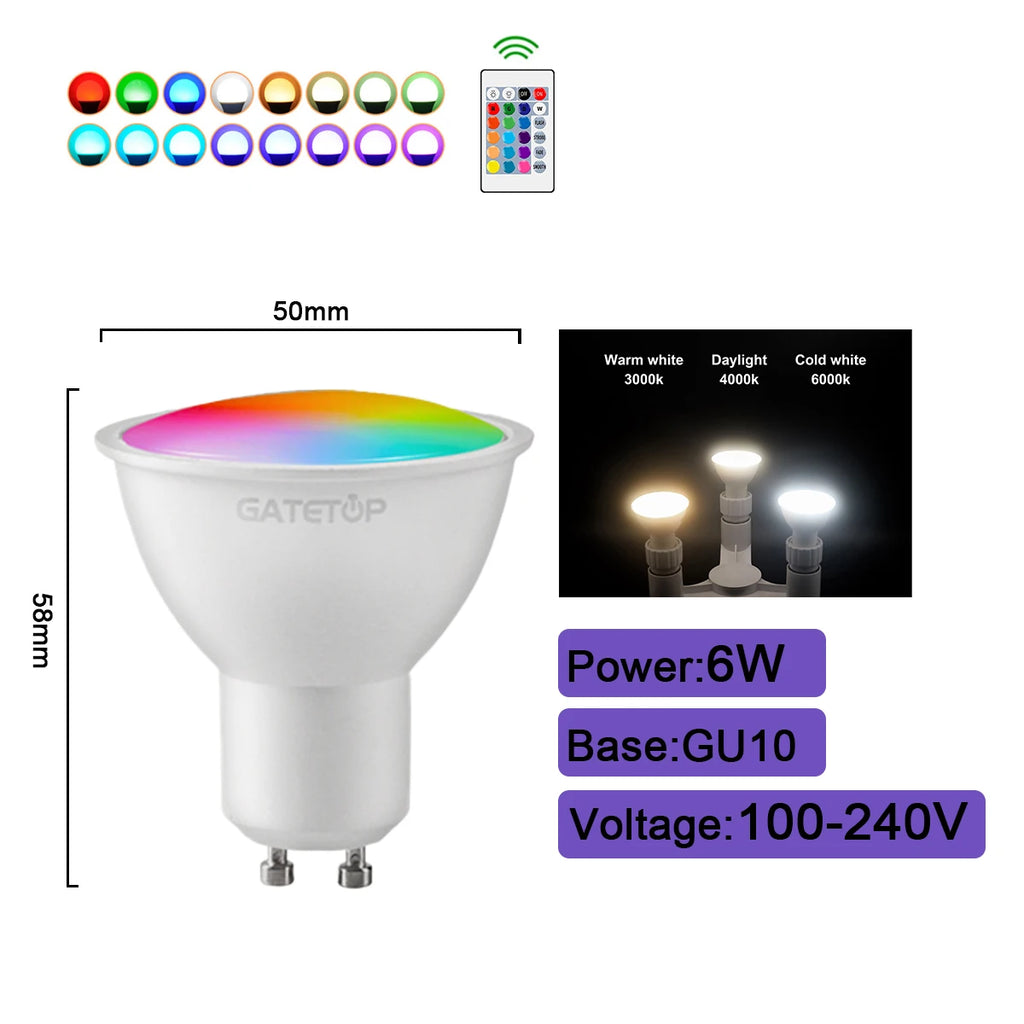 1-10PCS Smart RGBW LED Bulb Spotlight E27 E14 B22 GU10 6W 10W with Infrared Remote Control Suitable for Colorful Home Lighting