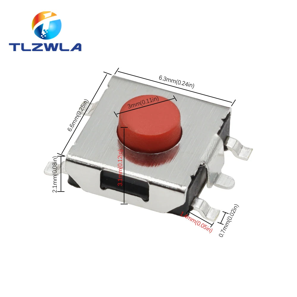 100PCS Flat Red SMD 5Pin 6x6 Tact Push Button Switch 6*6*3.1MM Micro Switch 6x6x3.1mm