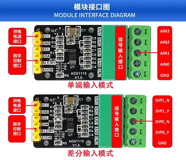 ADS1115 16-Bit 4-Channel I2C ADC Module, High Precision for Sensor Voltage Measurement