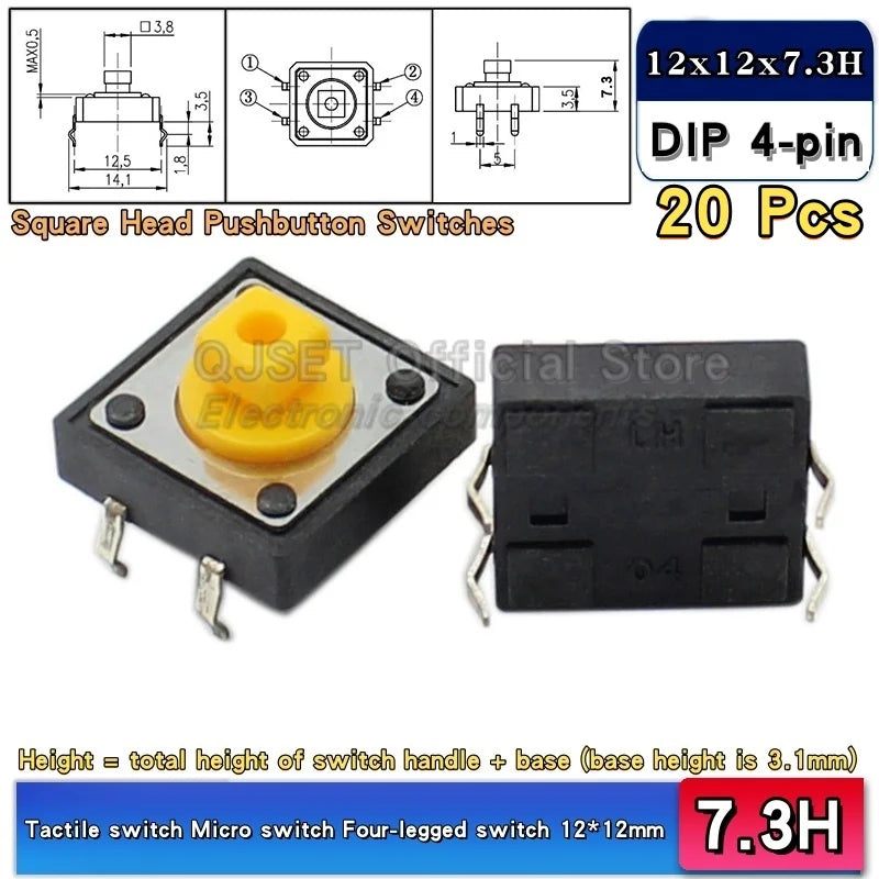 20 Pcs Tactile Pushbutton Switch 12*12*7.3MM Micro Switch Pushbutton A14 A24 Pushbutton Cover 12x12x7.3MM Square Head Pushbutton