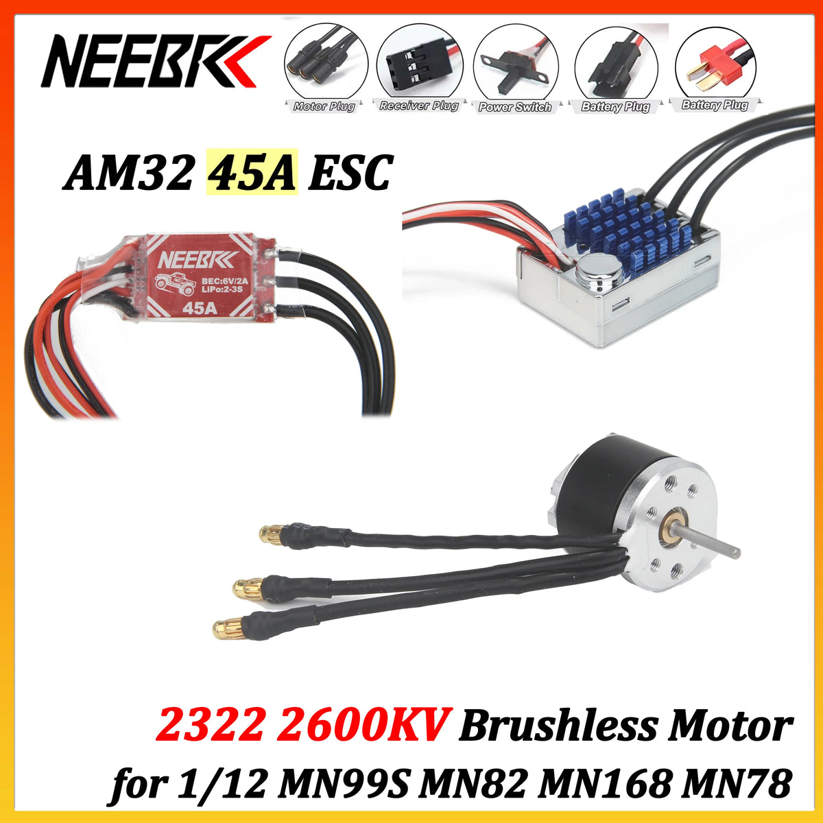 NEEBRC 2322 2600KV Outrunner Brushless Motor AM32 45A Brushless ESC for 1/12 RC Cars Crawler Upgrade Kit MN99S MN82 MN168 MN78