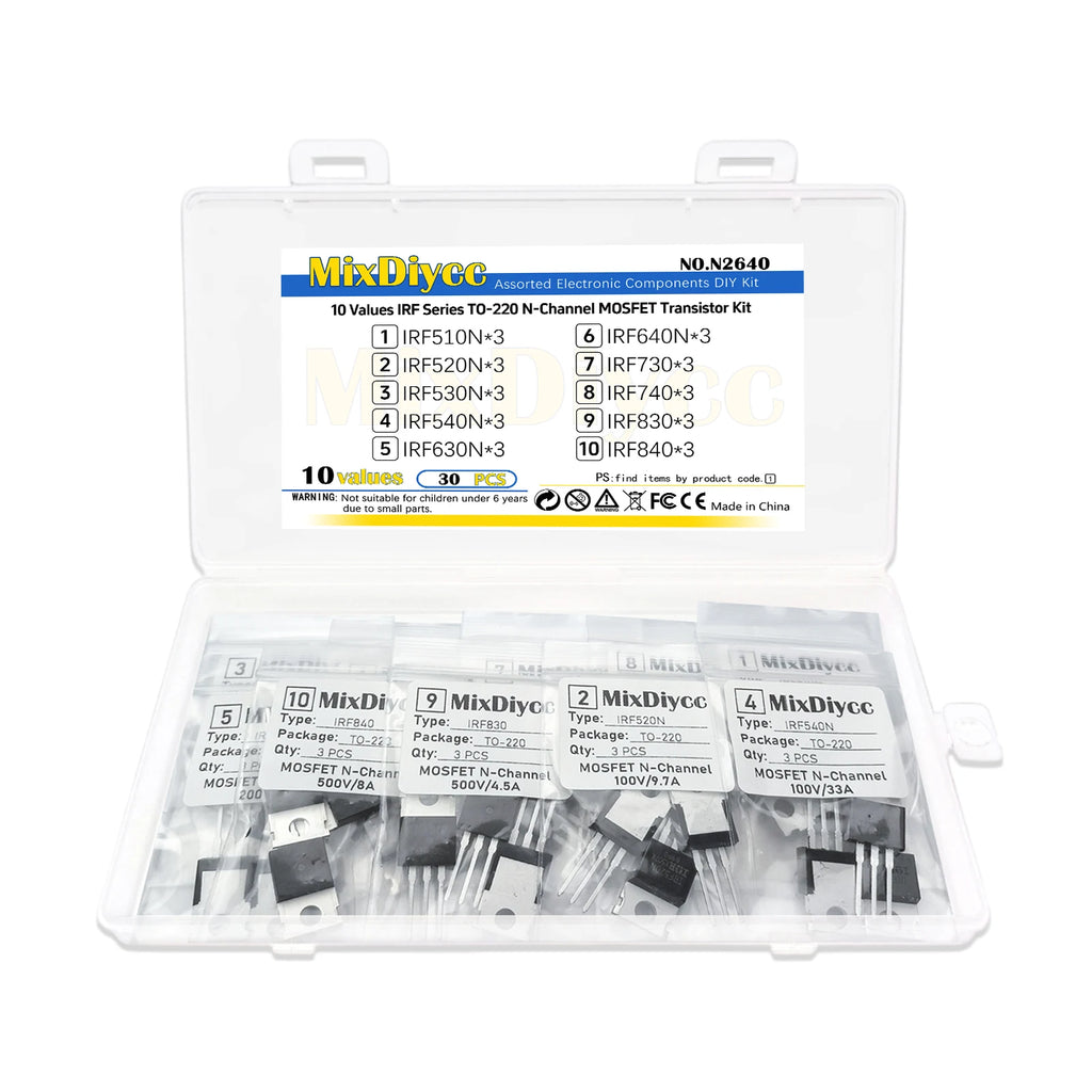 10 Values IRF MOSFET Kit TO-220 IRF510N IRF520N IRF530N IRF540N IRF630N IRF640N IRF730 IRF740 IRF830 IRF840 Total 30 pcs