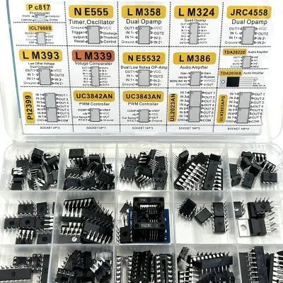 150Pcs Assorted IC Chip Kit Op-Amp Oscillator PC817 NE555 LM358 LM324 Transistor Array Electronic Components Set with Sockets