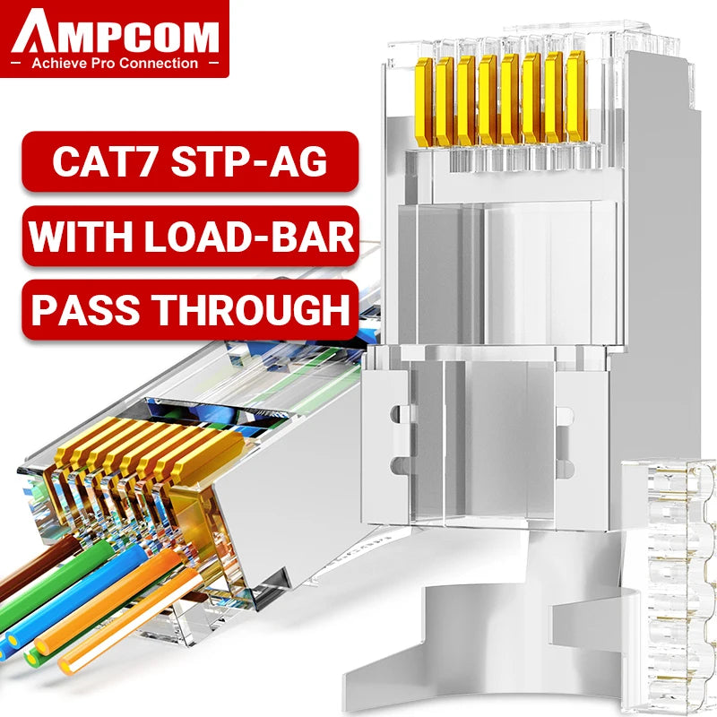 AMPCOM CAT7 Pass Through RJ45 Modular Plug Network Connectors STP 3/50μ Gold-Plated 8P8C Crimp End for Ethernet Cable