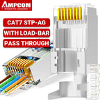 AMPCOM CAT7 Pass Through RJ45 Modular Plug Network Connectors STP 3/50μ Gold-Plated 8P8C Crimp End for Ethernet Cable