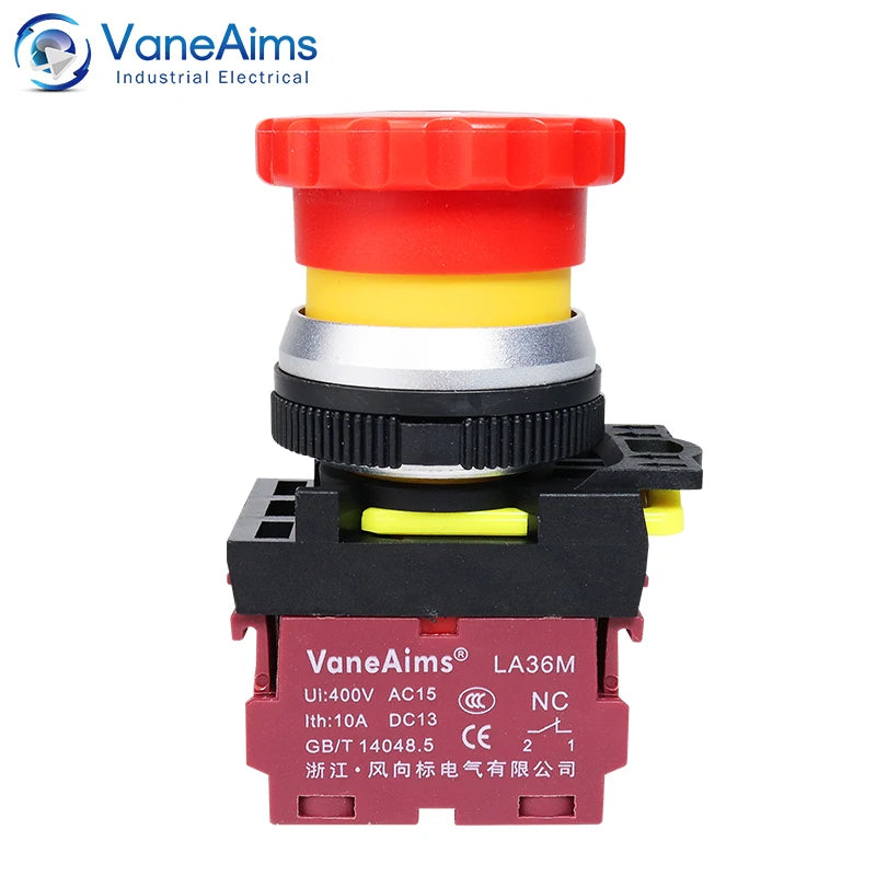 30mm LA36M Plastic Mushroom E-stop Switch Emergency Stop Push Button Switch Latching Self Locked with Red LED Light 12v 24v 220v
