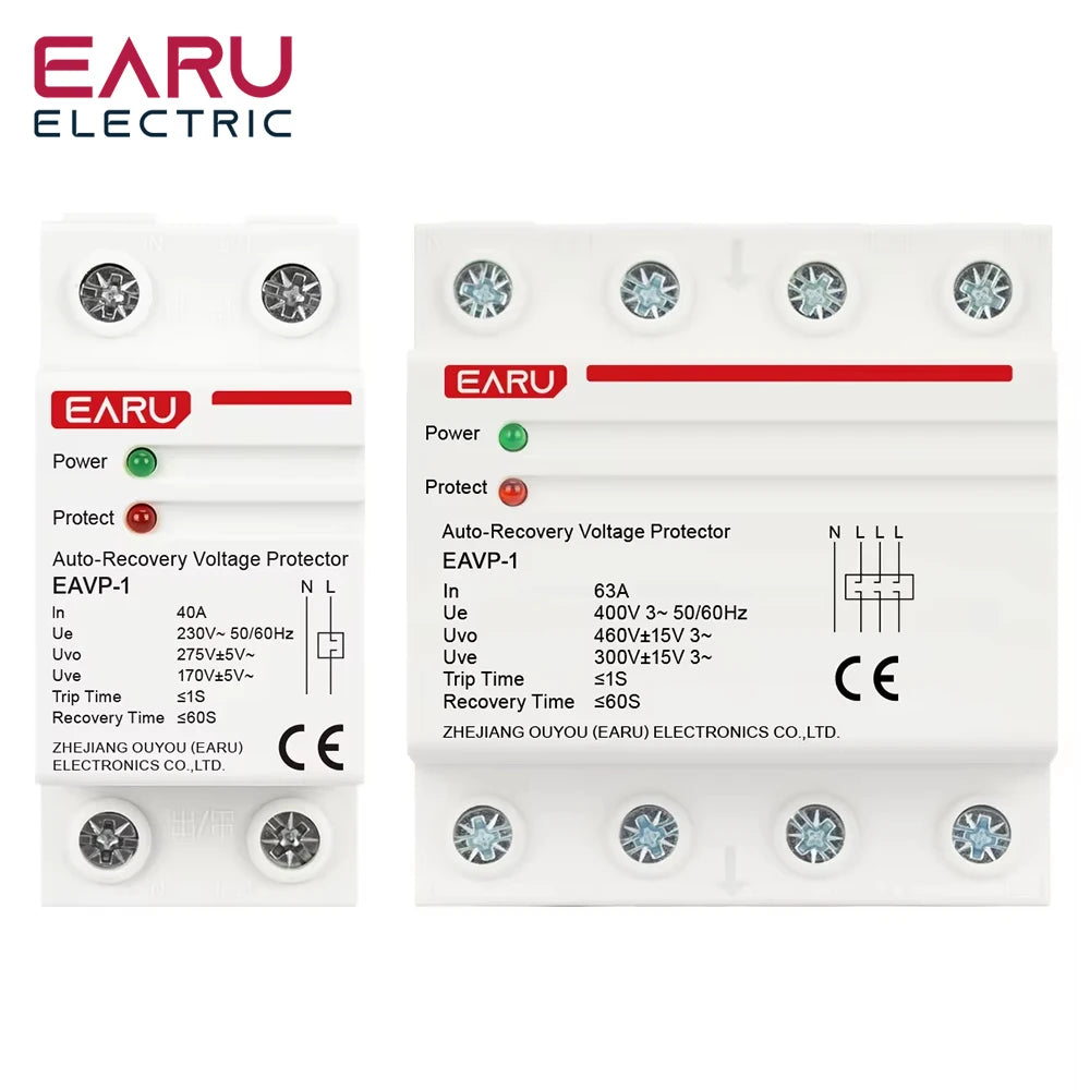 EARU 40A 63A AC 230V 400V Din Rail Automatic Recovery Reconnect Over Voltage Under Voltage Protective Device Protection Relay