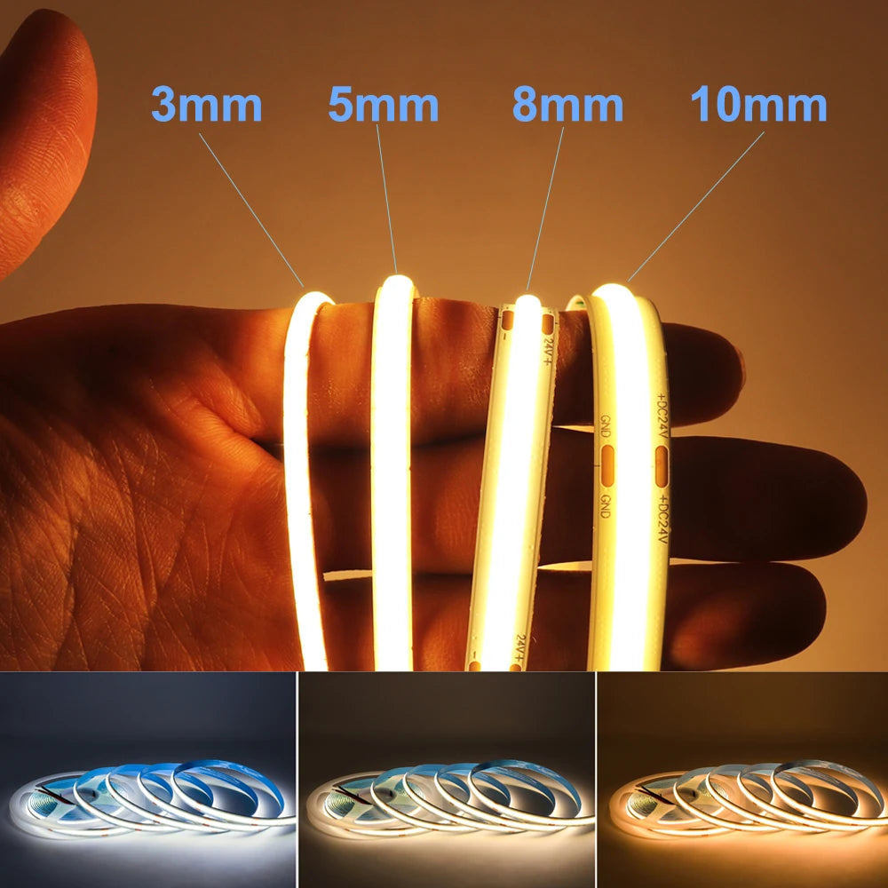 FOB COB LED Strip Lights 3mm 5mm 8mm 10mm 12V 24V Flexible Dimmable LED Tape Easy Install Cuttable 3000K 4000K 6000K LED Tape