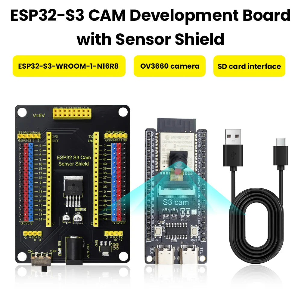 1 Set ESP32-S3 CAM Development Board N16R8+Type C USB Cable with ESP32 S3 Cam Sensor Shield for Arduino ESP32 S3 IDE Programming