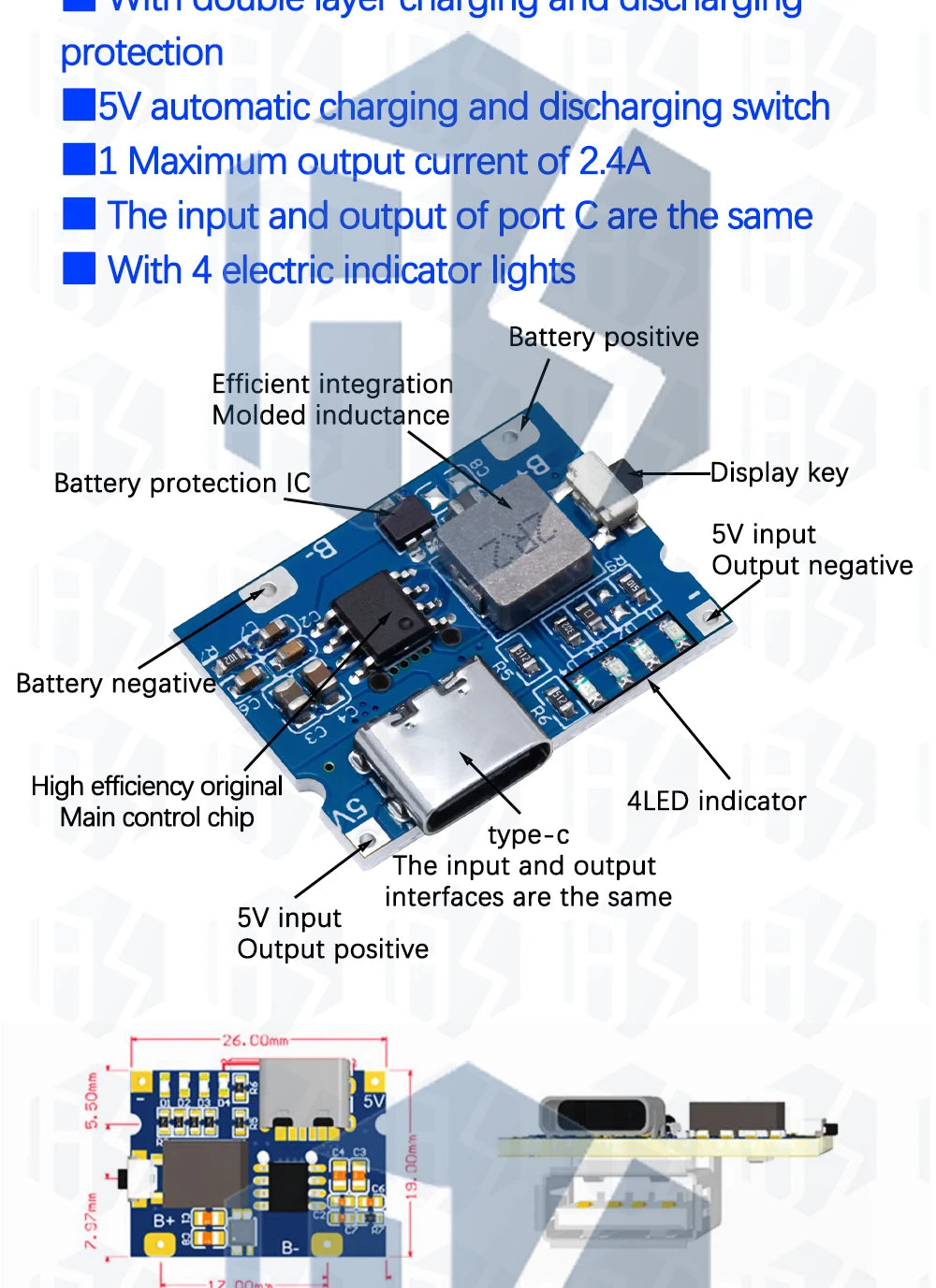 LiPo Battery Charging Protection Module, 5V 2.4A USB Type-C Boost Converter Power Supply Board