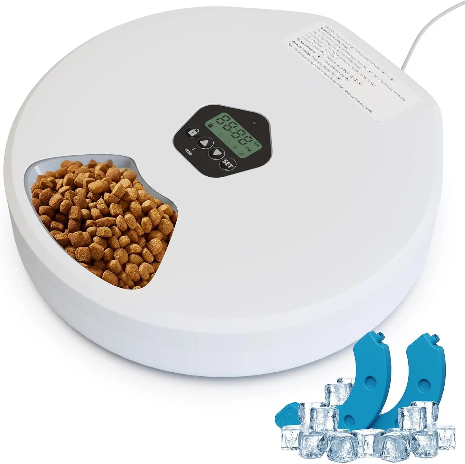 Automatic Cat Feeder 5 Meals Programmable Timer Rechargeable with 2 Ice Packs for Kitten Small Dog Pet Food Dispenser