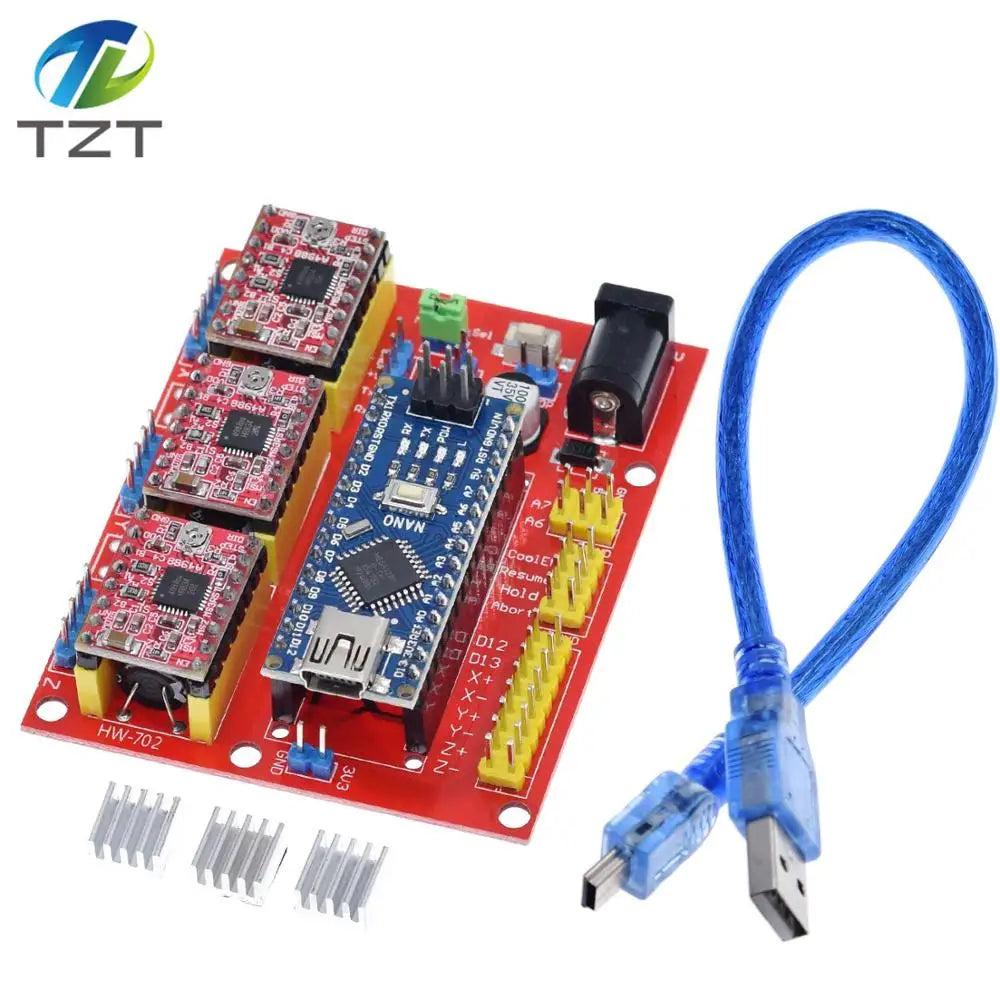 TZT 3DV4 CNC Shield V4 + Nano 3.0 + 3pcs A4988 Reprap Stepper Drivers Set For Arduino