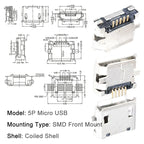 100/1000PCS Micro USB Android Female Charging Socket, Flat Edge Crimped Type, 5Pin, 4 Mounting Pins, SMD & DIP Tail Connector