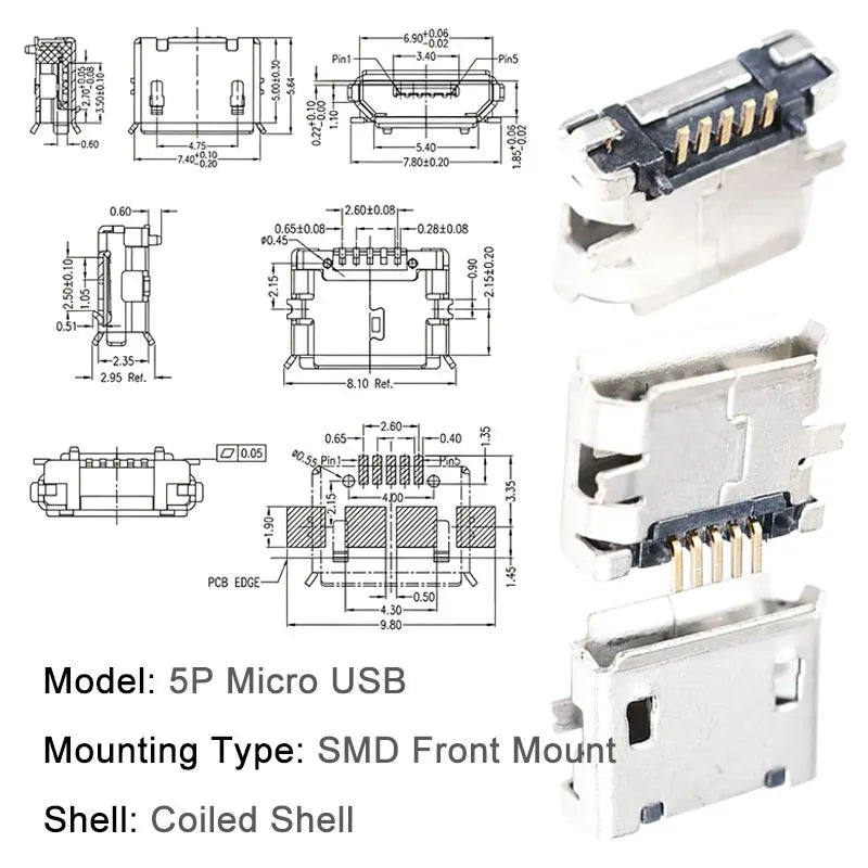 100/1000PCS Micro USB Android Female Charging Socket, Flat Edge Crimped Type, 5Pin, 4 Mounting Pins, SMD & DIP Tail Connector