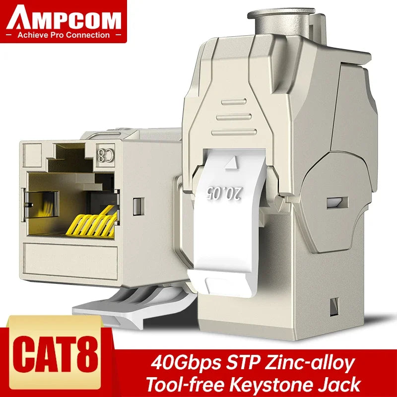 AMPCOM CAT7 RJ45 Keystone Jack, STP Shielded Tool Free Self-Locking CAT8 Cat6a Keystone Zinc Alloy RJ45 Module Coupler Adapter