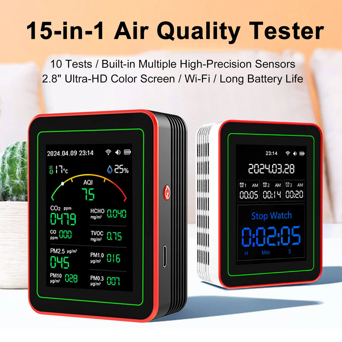 Home Air Quality Monitor Tuya WiFi 15 in 1 TFT Display Portable AQI PM0.3 PM1.0 PM2.5 PM10 CO CO2 TVOC HCHC Tester APP Co 이산화탄소