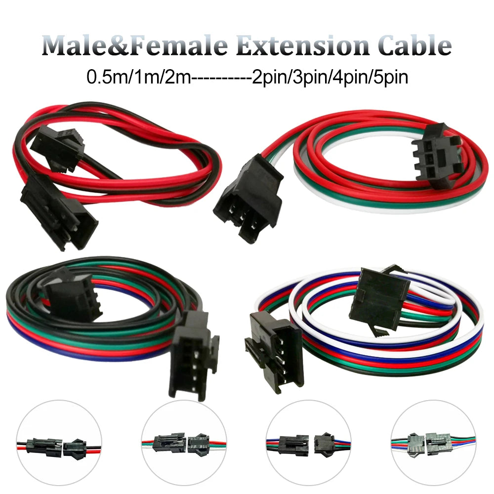 2Pin 3Pin 4Pin 5Pin Male and Female Extension Cable 0.5m 1m 2m JST Wire Plug Connector Cable for WS2811 WS2812 RGB LED Light Str