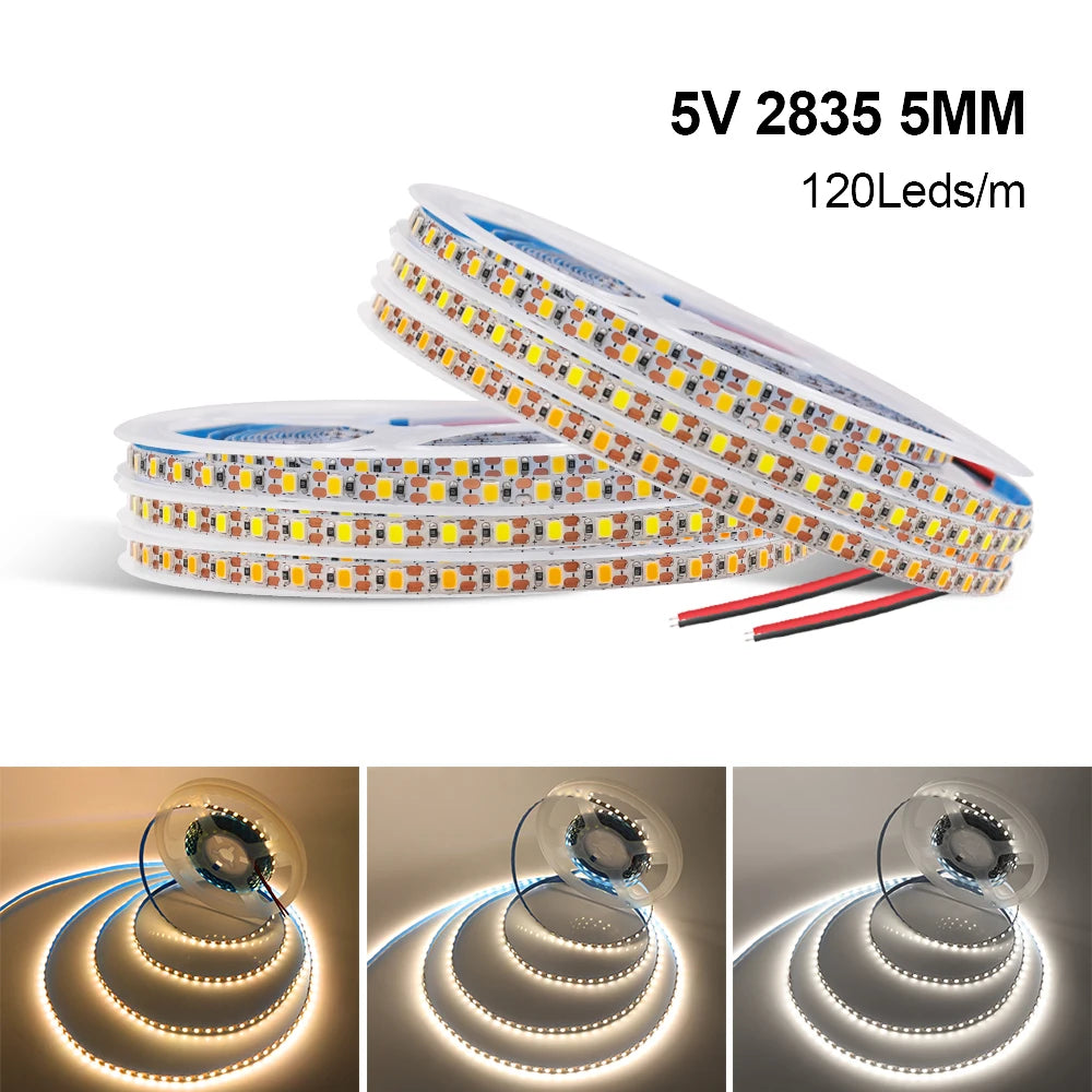 5V 2835 LED Strip Light 3mm 5mm 8mm PCB Width 120Leds/m Flexible LED Tape Ribbon Diode USB/2PIN Wire Led Lights for Room Decor