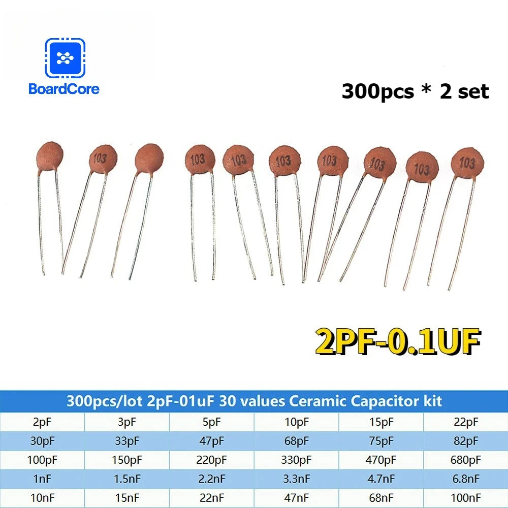300pcs Ceramic Capacitor Kit 2PF-0.1UF 30Values*10pcs Capacitance Assorted Set DIY Sample Pack