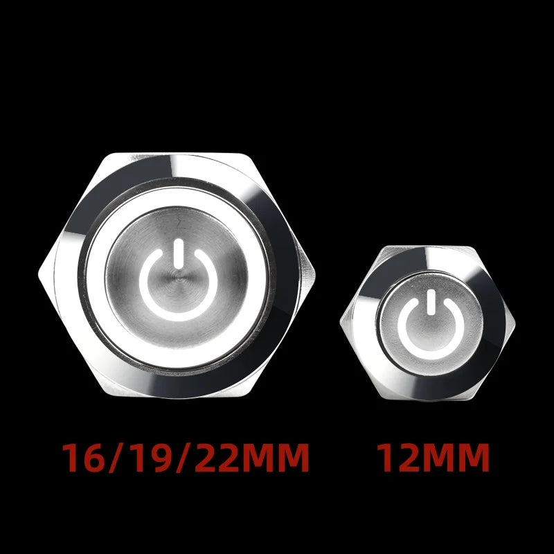 12 16 19 22MM Metal Button Switch LED Light Waterproof Momentary  Self-Locking Car Engine Power Supply 5V 6V12V24V 220V Red Blue