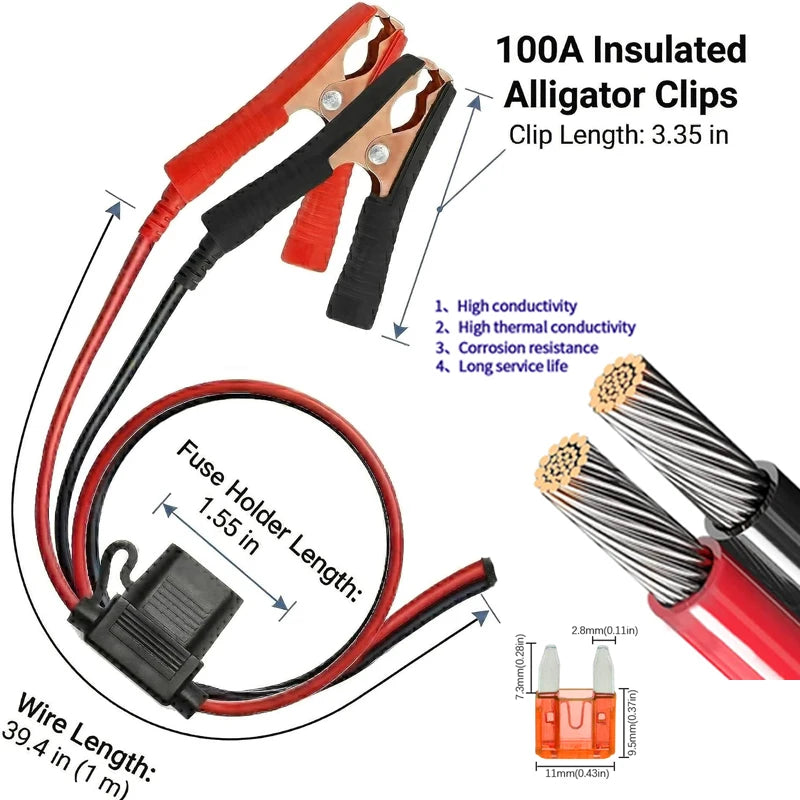 Jumper Cable Clamp 50-100A Crocodile Alligator Clip with 18AWG Wire Fuse Holder Car Battery Charger Replacement Connector