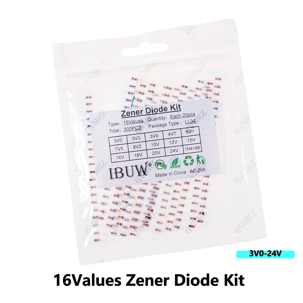 300PCS 16Values Zener Diode Kit 3V0-24V 1N4148 LL34 for Voltage Regulation Projects 5V1  3V9 3V3 3V0 15V 12V 10V 8V2 7V5