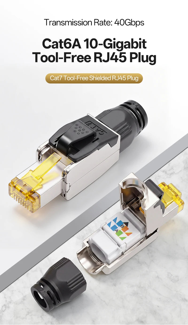 RJ45 Connector Cat7 Tool‑Free Shielded Zinc‑Alloy Reusable 50U Gold‑Plated Contact Anti‑Pull Ethernet Plug for Network Cable