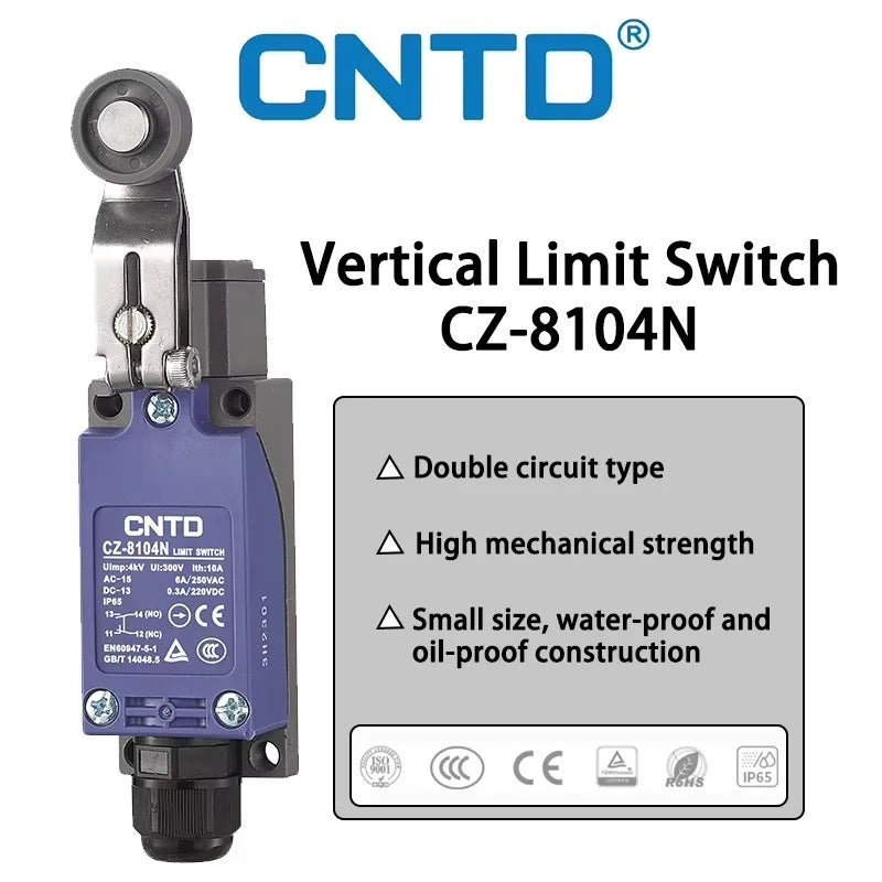 CNTD CZ-8104N Safety Limit Switch IP65 Waterproof 10A 380V 1NO 1NC Plastic Roller Lever Vertical Travel Switch Industrial