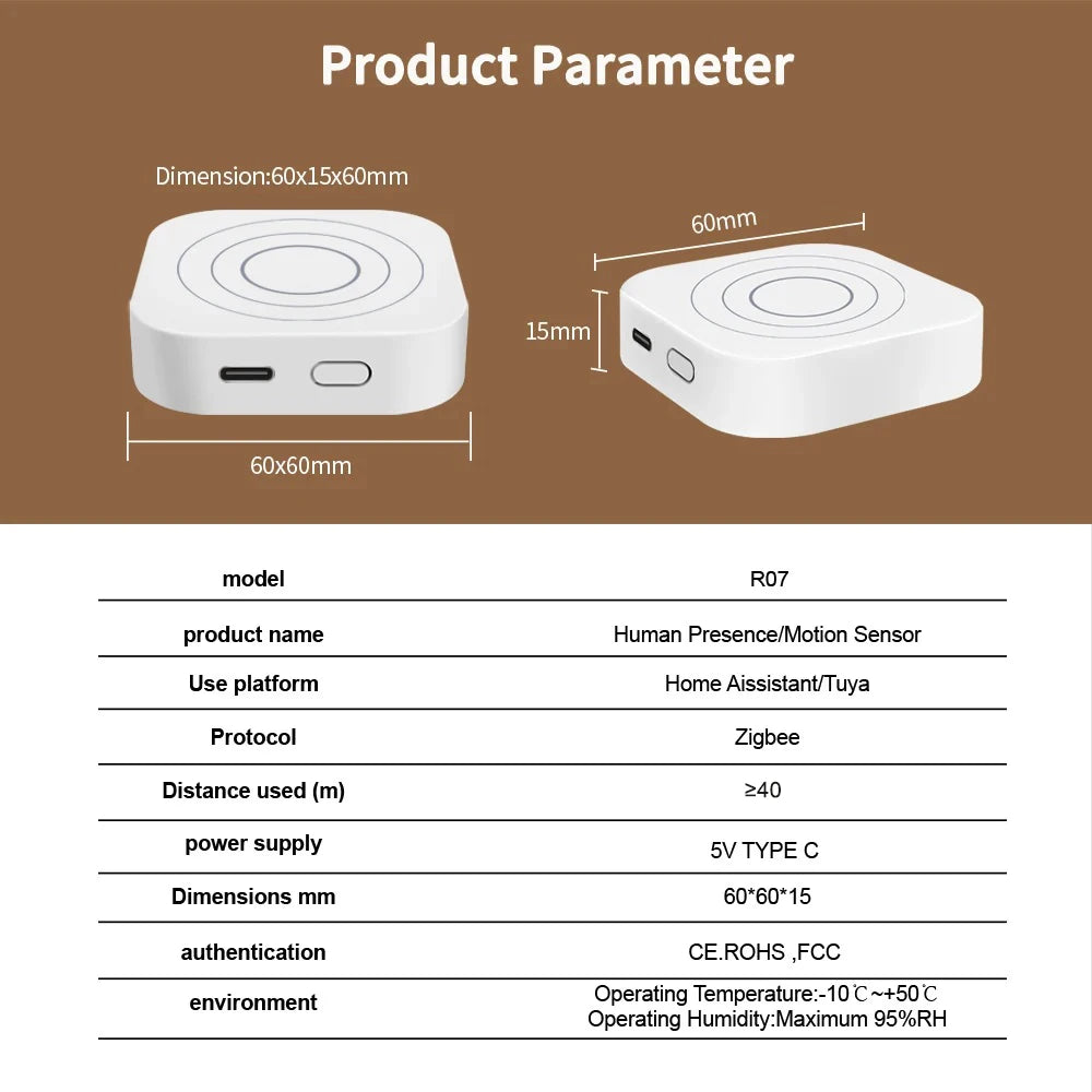 Lincukoo Tuya ZigBee 3.0 Smart 24G Human Presence Motion Sensor Detection 120 Degrees Detection Home Assistant ZigBee2MQTT