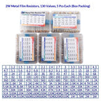 1% 5%  Metal Film Resistor Assortment Kit 1/4W 1/2W 1W 2W 3W 5W Through Hole 30/41/130 Values Electronic Components 300 600 2600