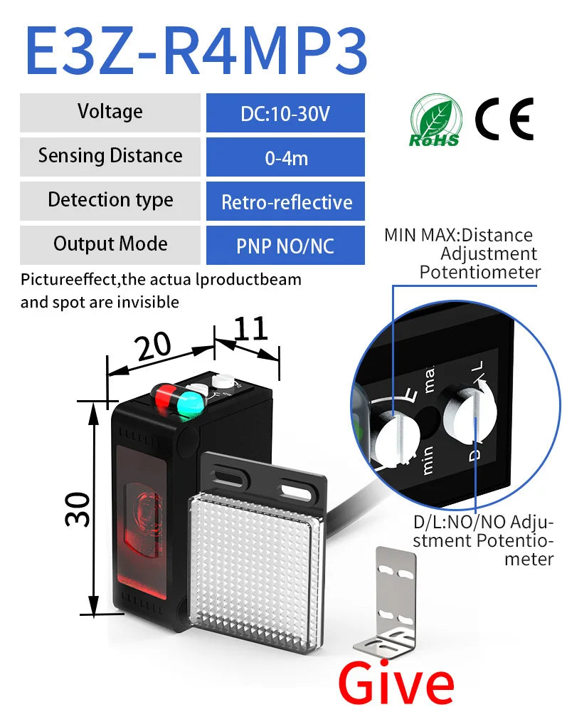 GTRIC E3Z-B61 Photoelectric Sensor Retro-reflective Sensing Distance 4M NPN PNP10-30VDC Square Photo Switch With Bracket