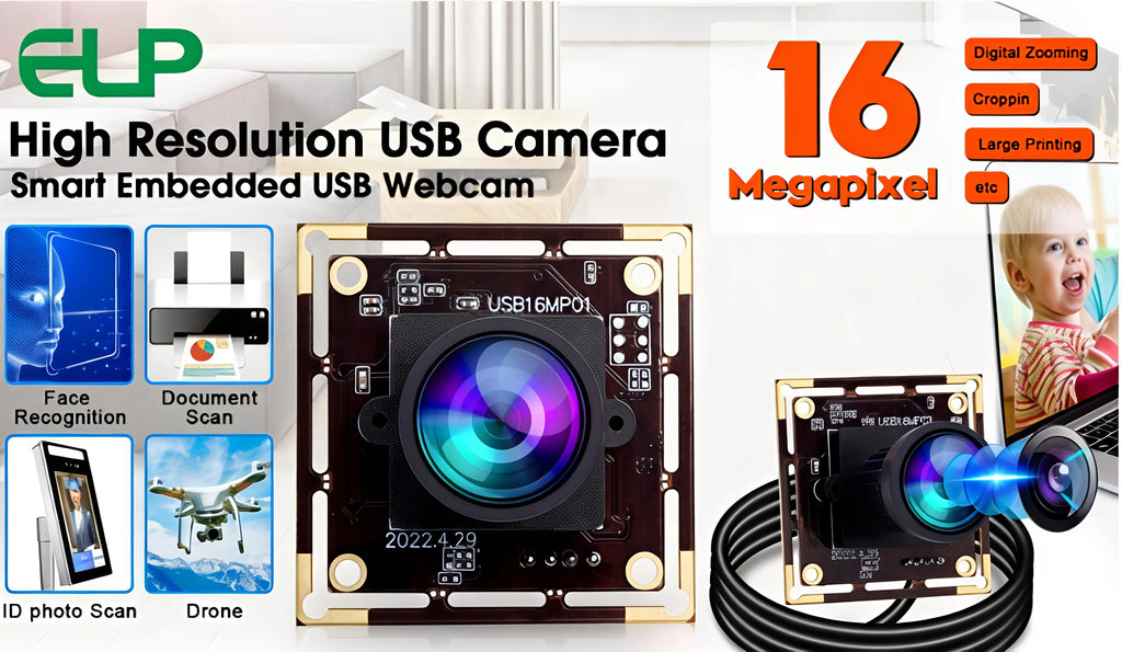 ELP 16MP IMX298 USB Camera Module 120° Low Distortion Wide Angle UVC Webcam for OCR Document Scanning
