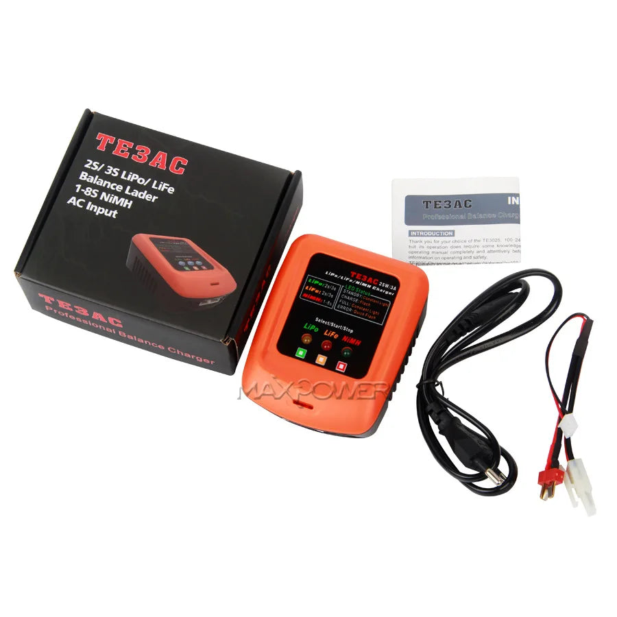 TE3AC 100V-240V 25W/3A Professional Balance Charger for 2S 3S LiPo/2S LiFe/1-8S NiMH Battery RC Drone Car Boat