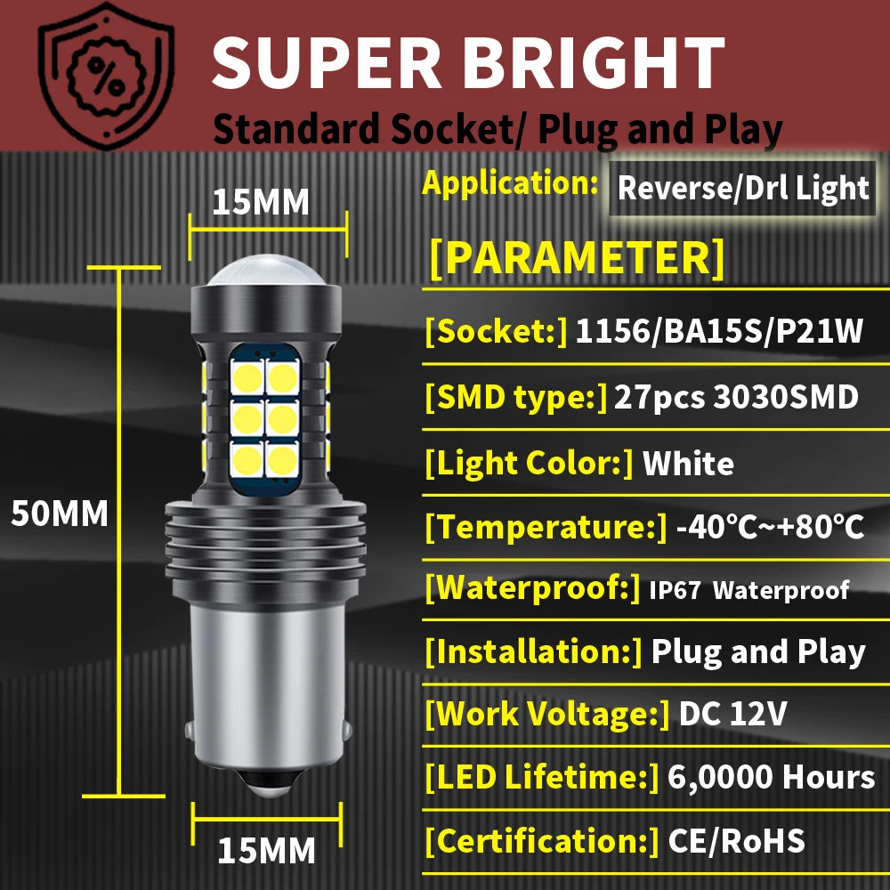 2pcs P21W 7506 BA15S LED Backup Light Bulb Reverse Lamp Canbus For Volvo C30 S40 S60 S70 S80 V40 V50 V60 V70 XC60 XC70 XC90