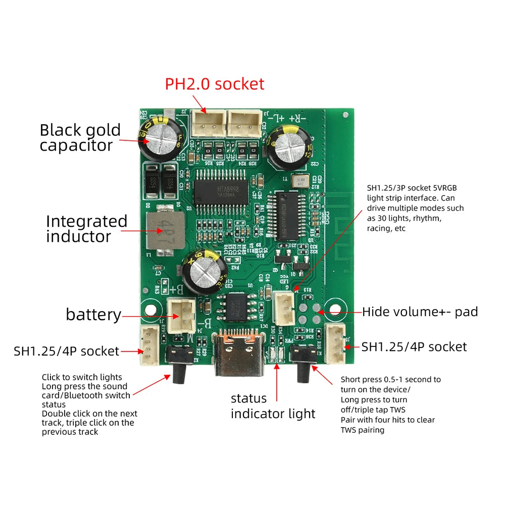 DC 5V/3.7V TWS Stereo Bluetooth Power Amplifier Board, 2×10W Dual-Channel Adjustable and Rechargeable Power Amplifier Board