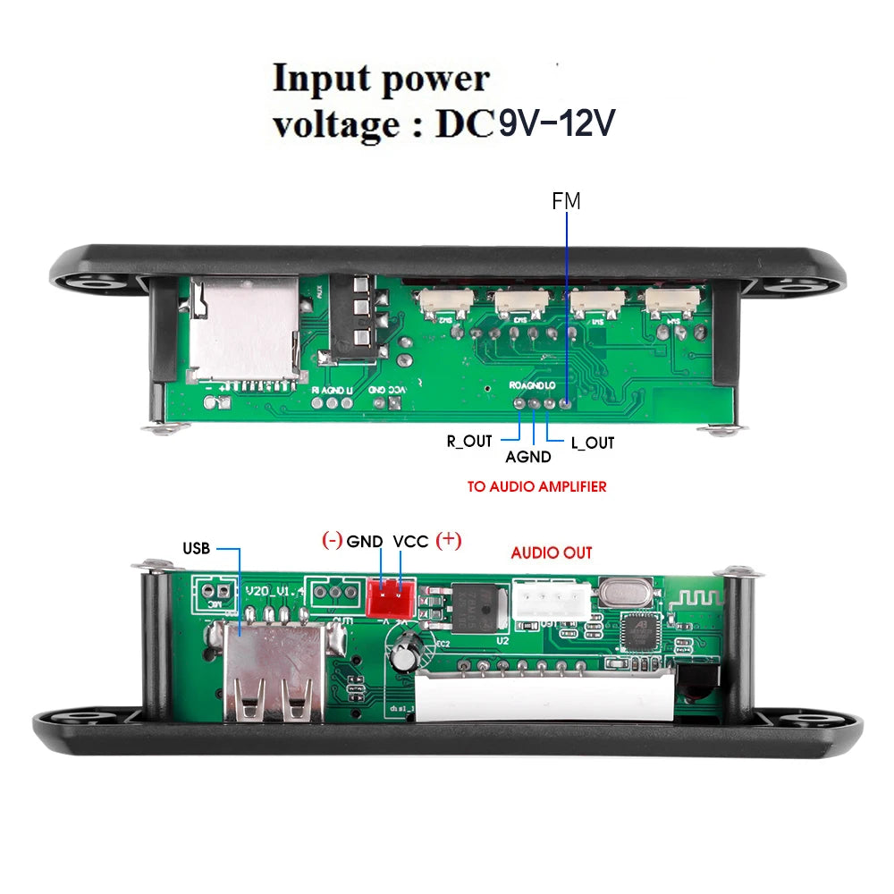 Bluetooth 5.0 MP3 Decoder Board 2*20W 40W Amplifier Audio Player 12V DIY MP3 Player Car FM Radio Module TF USB Mic Record Call