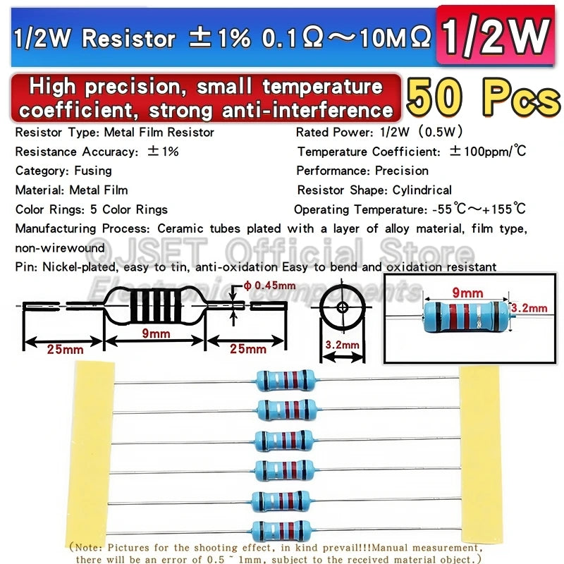 50pcs 1/2W Metal Film Resistors 1% 0.5W 10R 15R 47 100 200 220 470 510 Ohm 1K 2.2K 4.7K 10K 47K 100k 200k 220k 510k 470k 1M Ohms
