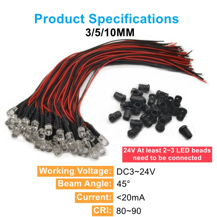 10/20PCS 5mm LED Diode Kit UV Prewired 5V 12 V Light Emitting Indicator RC Lamp Warm White Red Green Blue Yellow Orange Purple P