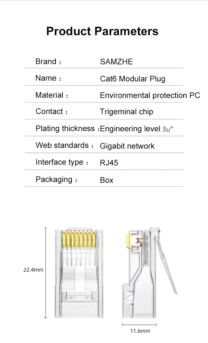 SAMZHE CAT6 UTP 50U RJ45 Modular Plug Connector 8P8C Crimp End Ethernet Cable Ethernet Connector
