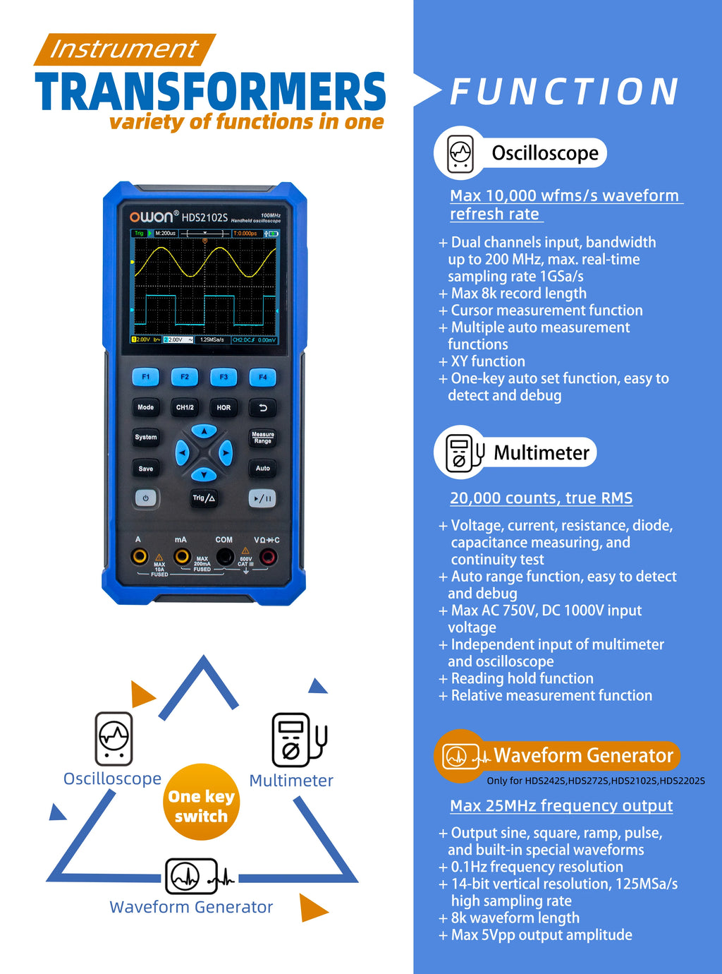 OWON HDS200 Series Handheld Digital Oscilloscope Portable 2CH Multimeter High Precision Electronic Repair Laboratory Test