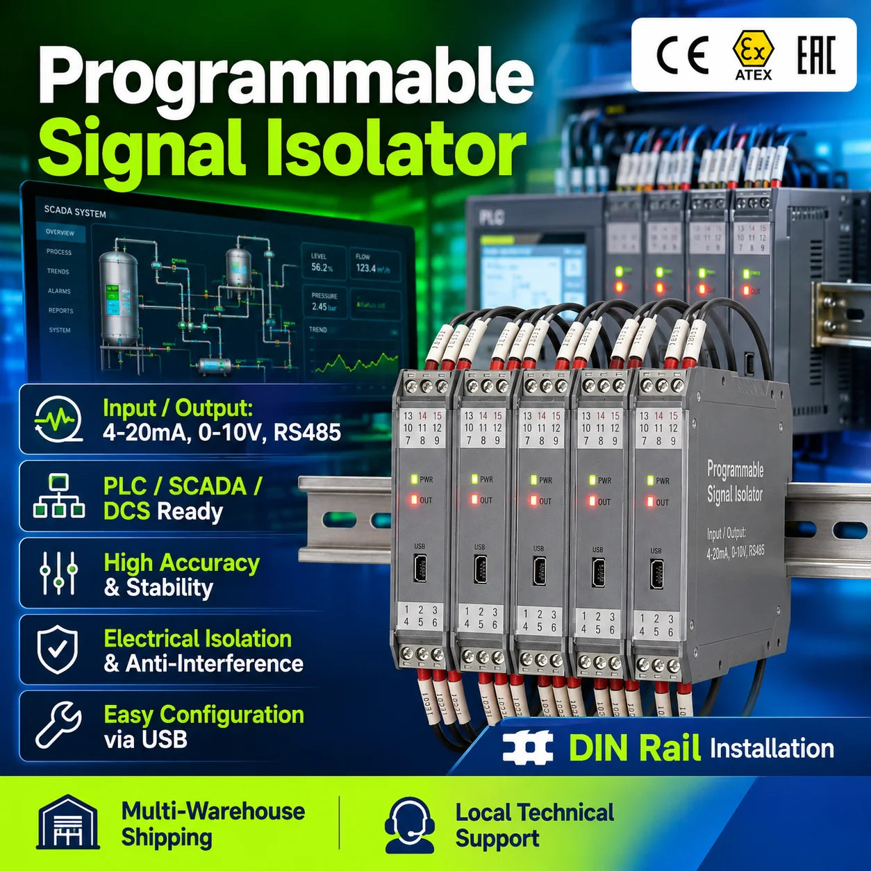 Isolating Amplifiers Signal Isolator Converter 4-20mA 0-10V RS485 Current Voltage Distributor Repeater Power Supplies for PLC