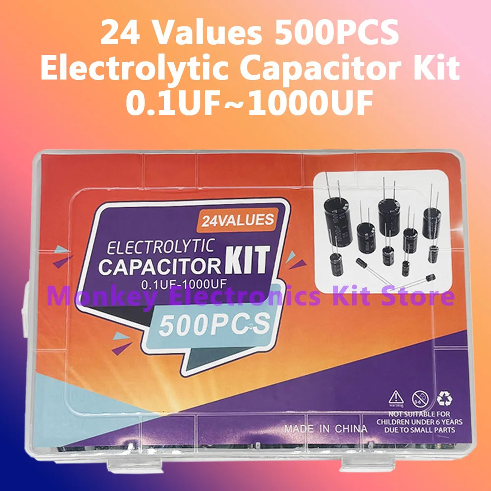 500PCS 0.1uF-1000uf 24Values Electrolytic Capacitor Mixed DIP Electronic Kit Electrolyte Capacitors 10V 16V 25V 50V