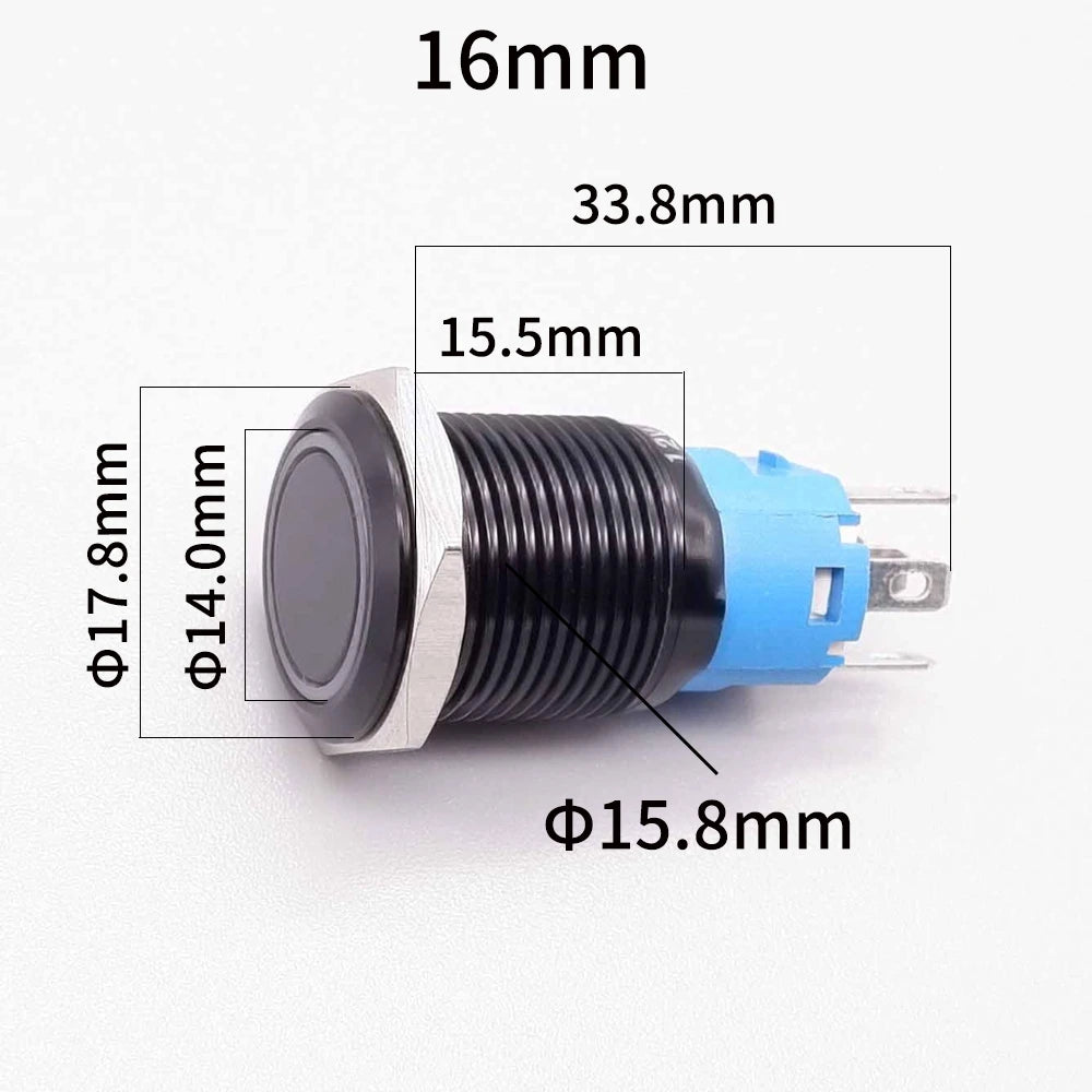 16/19/22mm Black Push Button Switch Waterproof Illuminated Metal Momentary Latching Fixed On Off Power Switch Backlit LED 3V 12V