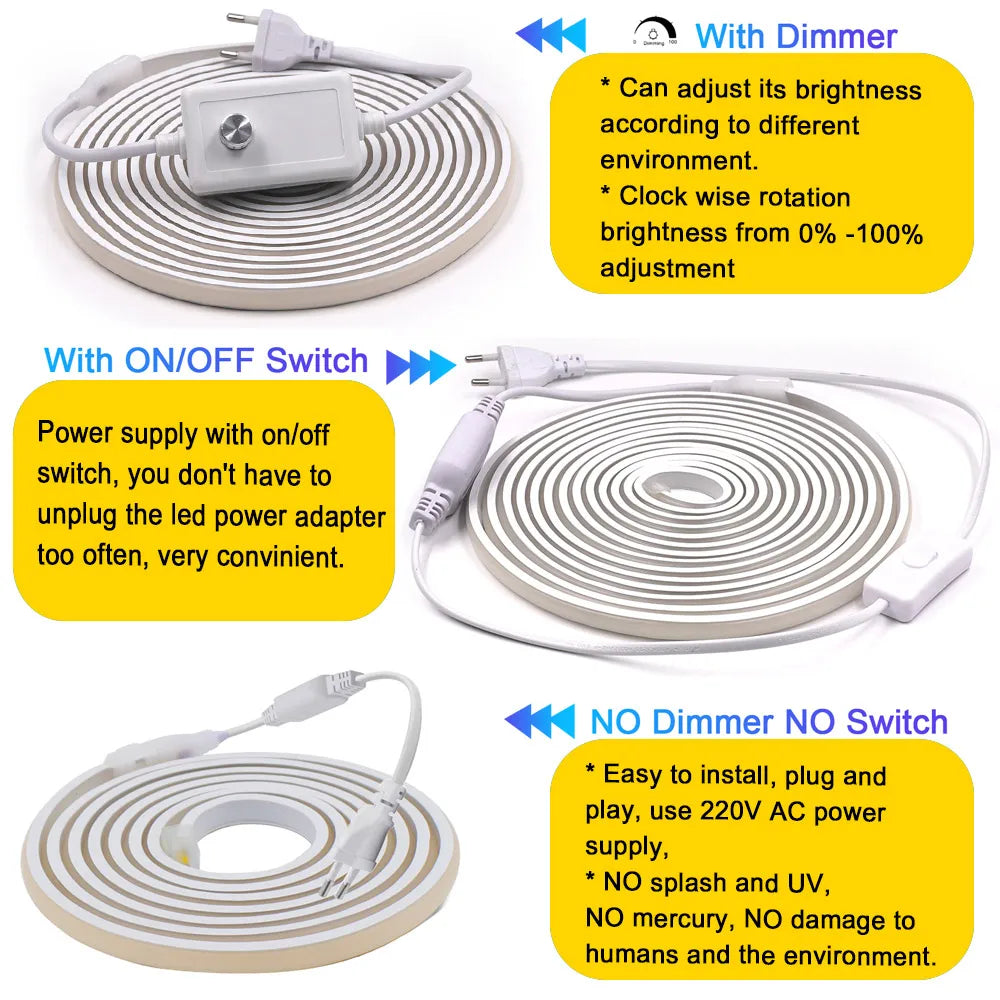Dimmable COB LED Neon Strip Light 220V Dimmer Switch Power Kit High Density 288 LEDs Linear Lighting IP68 Waterproof Flex Ribbon