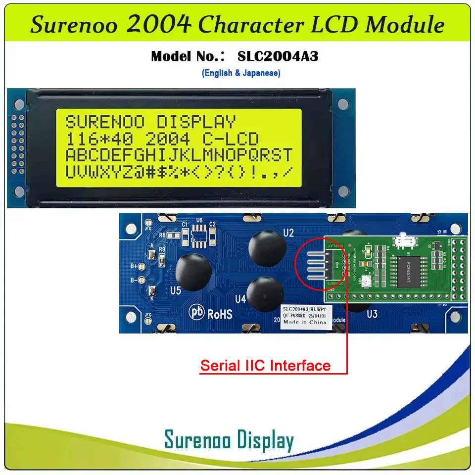 Surenoo 116*40MM 2*8Pin 204 20X4 2004 6800 IIC I2C Character LCD Module Display Screen LCM White LED Backlight English Japanese