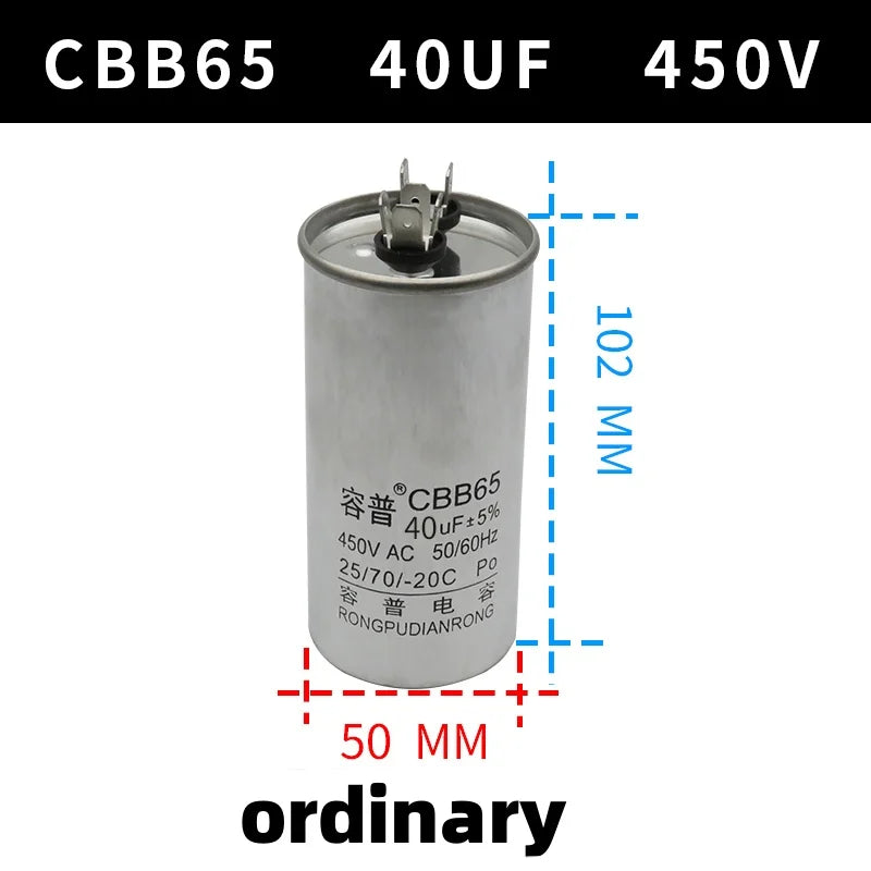 CBB65 450V Motor Capacitor Air Conditioner Compressor Start Capacitor 5uF 6uF 20uF 25uF 30uF 35uF 40uF 45uF 50uF 60uF 70uF