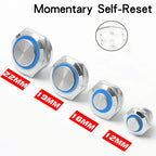 12/16/19/22mm Metal Push Button Switch Short Stroke Silver Shell Waterproof High Head With Power LED Light Momentary 1NO 6V 24V