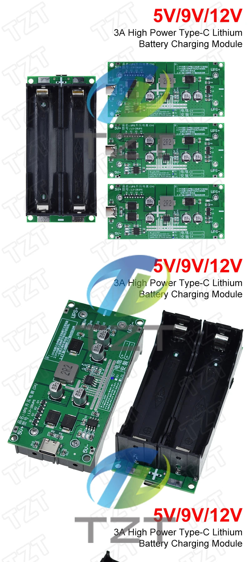 TZT Type-C 15W 3A Fast Charge UPS Power Supply / 18650 Lithium Battery Charger Module DC-DC Step Up Booster Converter 5V 9V 12V