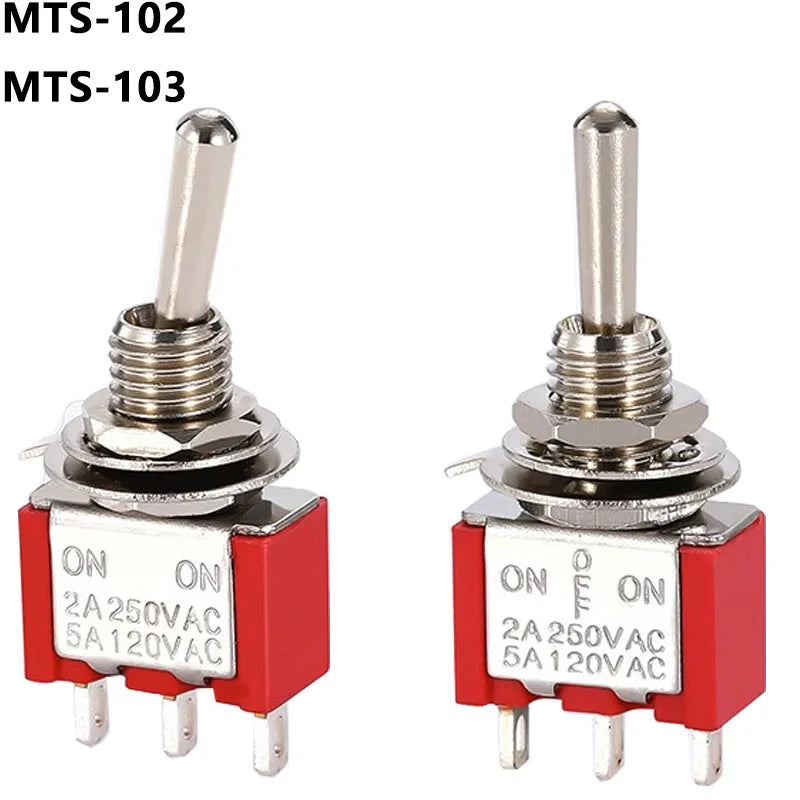 5Pcs Miniature Toggle Switch Single Pole Double Throw ON-OFF-ON /ON-ON 120VAC 6A 1/4 Inch Mounting MTS-102 103